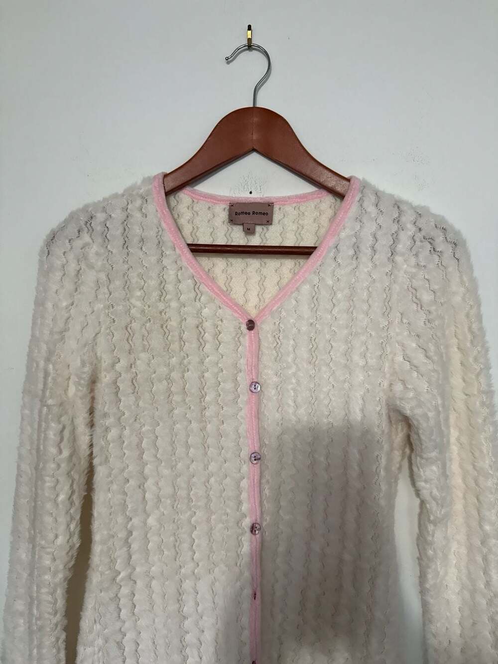 Romeo Romeo Textured Fuzzy Knit Cardigan with Pink Contrast Trim